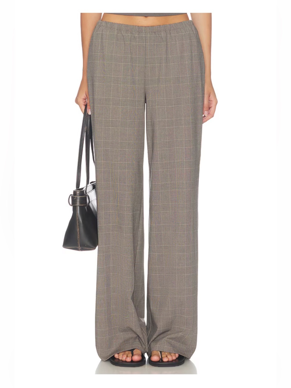 Revolve Good American Womens Small Tan Black Plaid Pull On Wide Leg Dress Pants